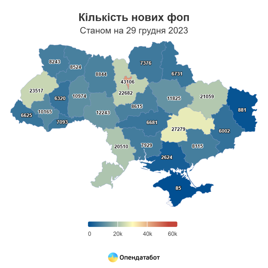 Кількість нових ФОПів за регіонами, на грудень 2023 р.