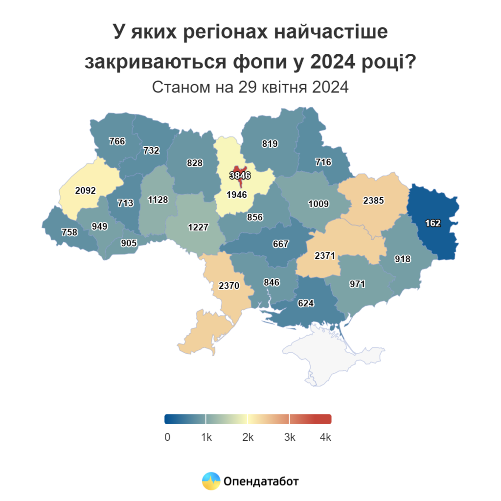 ФОПи, які закрилися, за регіонами, січень-квітень 2024 р.