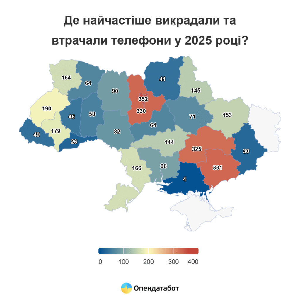 Викрадення телефонів за регіонами, І квартал 2025 року